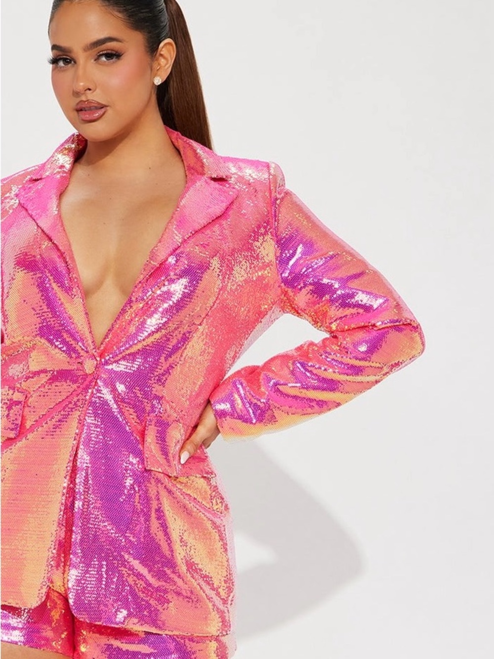 Hot Pink Iridescent Sequin Blazer Jacket & Shorts Set - Picture 7 of 15